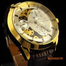 Men's Elegant Style Silver Dial Brown Pu Leather Automatic Mechanical Watch