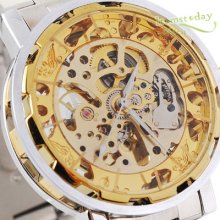 Mens Full Stainless Steel Automatic Watch Golden Skeleton Nice Gift