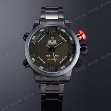 Mens Led Quartz Black Plate Stainless Steel Band Diving Wristwatch Sport Watch