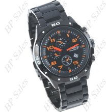 mens new Curren stainless steel quartz watch w/black & orange face black finish