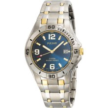 Men's Pulsar By Seiko Quartz Pxh707 Two Tone Blue Dial Stainless Watch