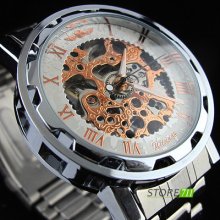 Men's Roman Numerals Skeleton Automatic Mechanical Stainless Steel Wrist Watch