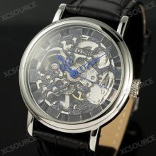 Mens Skeleton Transparent Mechanical Stainless Steel Leather Sport Watch Cw78