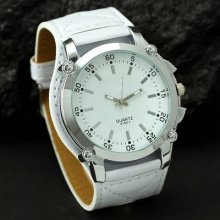 Men's Watch Quartz Hour Steel Dial Analog Luxury Sport Pu Leather White Band