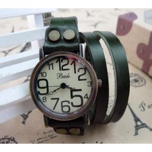 Men's Watch Unique Genuine Leather Long Botton Strap Round Dial Quartz