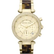 Michael Kors Gold Mid-Size Tortoise Acetate and Gold Tone Stainless Steel Parker Chronograph Glitz Watch