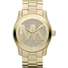 Michael Kors Mk5706 Runway Logo Gold Tone With Crystals Ladies Watch Nib9046