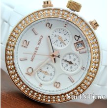 Michael Kors Watch Women White Ceramic Rose Gold Glitz Crystal Chrono Mk5269