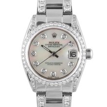 Midsize Rolex Datejust Steel Watch Mop Diamond Dial Diamond Bezel Lugs Bracelet