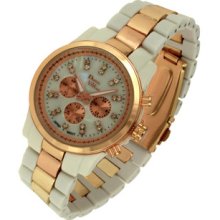 Mother Pearl Face Rose Gold Bezel Beige Shell Acrylic Link Band Bracelet Watch