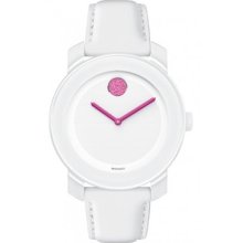 Movado Bold Medium White And Pink Crystal Dot Leather Strap Watch 3600176