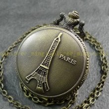 N32 Brass 4.5cm Case Paris Tower Carved Theme Quartz Pocket Watch With Necklace