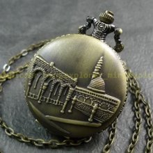 N33 4.5cm Brass Color Case Museum Theme Quartz Pocket Watch Clock Necklace Gifts