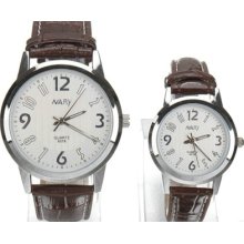 Nary Elegant Brown Faux Leather Band Watch Retro Couple Watch White Dial