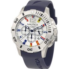 Nautica Men's N18640g Bfd 101 Chrono Flag Dive Watch Round White Dial Navy Strap