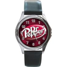 NEW* Amazing DR PEPPER Round Metal Watch Leather Band - Metal - Silver