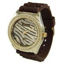 NEW GENEVA Brown Zebra Silicone Rhinestone Watch - With Gold Tone Bezel