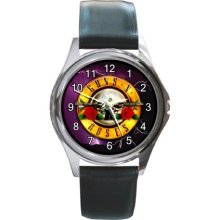 NEW* GUNS N ROSES Round Metal Watch Leatherband - Leather - Silver