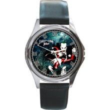 NEW* HOT HARLEY QUINN JOKER Round Metal Watch - Leather - Silver