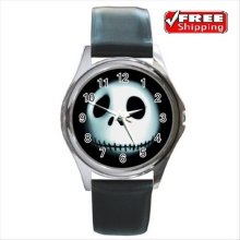 NEW* HOT JACK SKELLINGTON Round Metal Wrist Watch - Leather - Silver