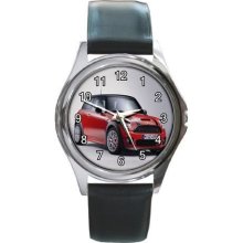 NEW* HOT RED MINI COOPER Round Metal Watch LeatherBand - Leather - Silver