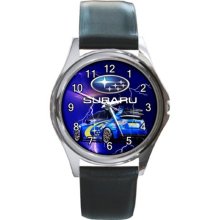 NEW* HOT SUBARU CAR Round Metal Watch Leatherband - Stainless Steel - Silver