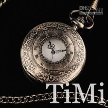 New Roman Carved Cover Mens Quartz Pocket Watch Chain Freeship