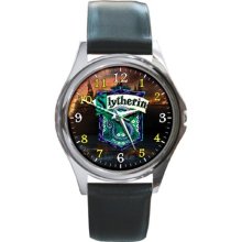 NEW* SLYTHERIN HARRY POTTER HOGWARTS SCHOOL Round Metal Watch Leatherband - Stainless Steel - Silver