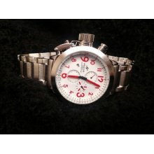 New! Speatak Mens Watch 50mm Dial White w Red / Stainless Steel / U Boat Style