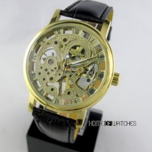 Noble Winner Mens See Through Golden Skeleton Automatic Mechanical Wrist Watch