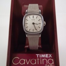 NOS Vintage 1970s/1980s Timex Cavatina Wind Up Retro Style Women's Watch in Silver W/Silver Stainless Steel Bracelet Band in Original Case