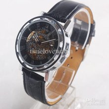 One Pcs Silvery Case Skeleton Auto Mechanical Leather Watch White Ha