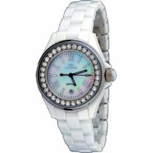 Oniss Ladies White Mother Of Pearl Dial 33 Crystals Ceramic Watch On815l- White