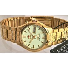 Orient Automatic Mens Watch Day/date Gold Tone Band/glow In The Dark Dial