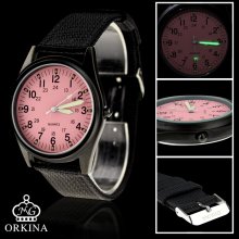 Orkina Fashion Pink Dial Quartz Automatic Light Nylon Strap Wrist Watch New