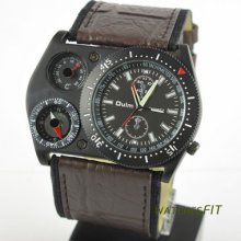 Oulm Special 3 Dials Mens Boys Sports Brown Leather Wrist Quartz Watch