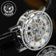 Pacifistor Mens Skeleton Mechanical Wrist Watch Stainless Steel Black Leather Uk