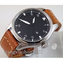 Parnis Black Dail Automatic Luminous Date Window Mens Watch Brown Leather 371b