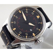 Parnis Black Dail Yellow Marks Automatic Mens Watch Black Leather Strap 372b