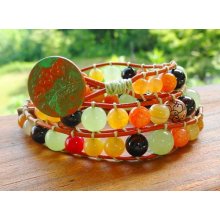 Peridot Garnet Jade And Fire Dragon Agate - 3 Wrap Leather Bracelet