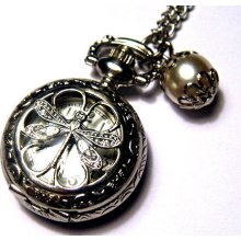 PETITE DRAGONFLY - Small classy antique silver pocket watch necklace watch with pearl