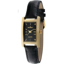 Peugeot 3007Bk Women'S 3007Bk Gold-Tone Black Leather Strap Watch