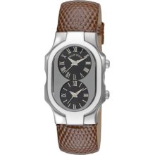 Philip Stein Watches Womens Black Dial and Brown Lizard Strap Dual Ti