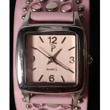 Pink 80s Silver Tone P Easy Read Pink Faux Leather Bnd Ladies Watch Works (r1)