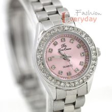 Pink Charm Lady Small Dial Crystals Slim S-steel Band Quartz Wrist Watch