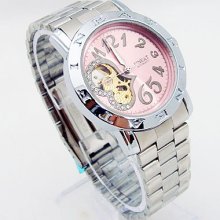 Pink Crystal Heart Mouse Skeleton Automatic Lady Women Dress Watch Stainless