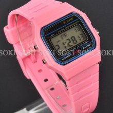 Pink Digital Day Date Quartz Mens Womens Alm Wrist Plastic Band Watch S13p