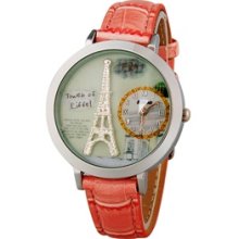 Pink Women's Eiffel Tower Analog Watch with Faux Leather Strap