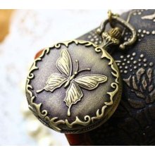 Pocket Watch Necklace Chain Fashion Butterfly Beautiful Women Unisex Vintage Antique