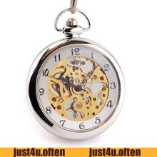 Polish Silver Hollow Unisex Hand Wind Mechanical Pocket Watch Chain Gift